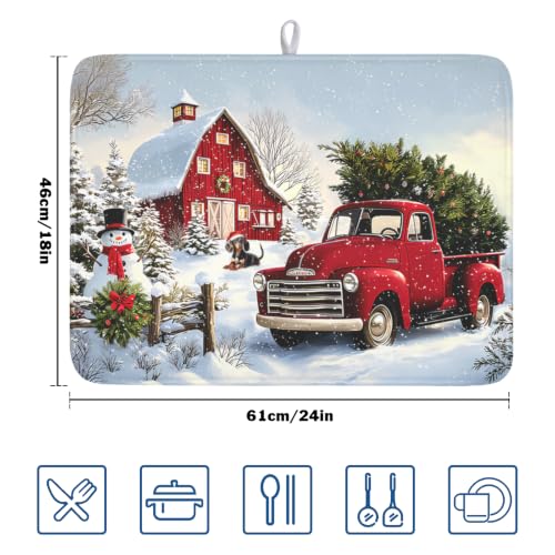 Red Truck Dish Drying Mat Winter Xmas Tree Drainer Rack Pad 18"x24" Microfiber Absorbent Quick Dry Dish Sink Mat for Table Kitchen Counter (Red Truck Snowman / 18x24 inch)