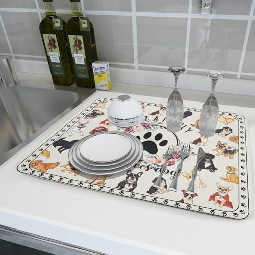 Dog Family Dish Drying Mat Cartoon Pet 18 X 24 in Absorbent Printed Drying Pad for Dog Lover (Dog Family White / 24" x 18")