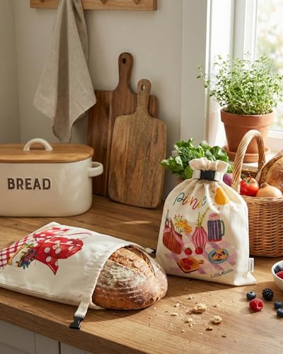 2 XL Beeswax Bread Bags for Homemade Bread (Beige with Picnic)