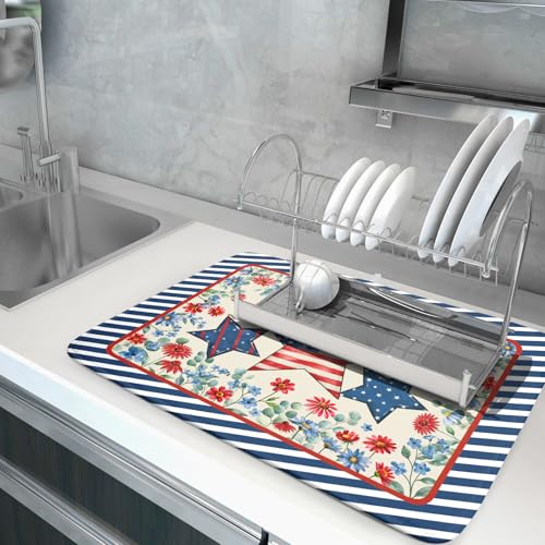 Patriotic Stars Dish Drying Mat for Kitchen Counter 4th of July Holiday Absorbent Reversible Microfiber Dish Pad Large (Patriotic Stars Blue / 24" x 18")
