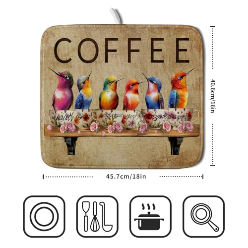 Coffee Cup Dish Drying Mat Brown Bird Drying Matt Kitchen Counter for Coffee Bar Decor (Bird Cups 511 / 18" x 16")