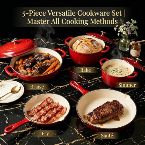 5 Piece Red Enameled Cast Iron Cookware Set (Red D)