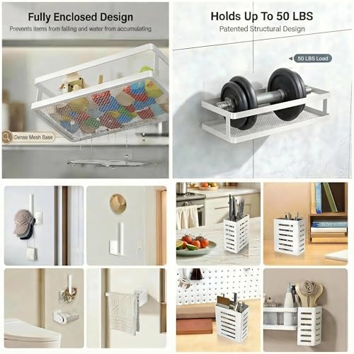 5-in-1 Shower Caddy & Kitchen Organizer Set, Wall Mount Wide Spice Rack with Paper Towel Holder, Utensil Holder, Soap Dish, Rustproof Mesh Baskets Hold 50LBS - White, Guardrail (White / 5-in-1 Minimalist (12.6" Wide))