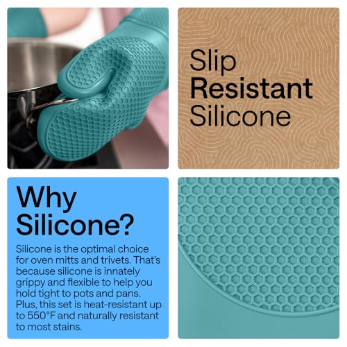 BPA Free Silicone Oven Mitts and Pot Holders Set (Turquoise / 12.5" Oven Mitts + 7" Trivets)