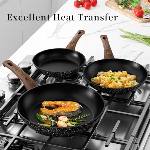 Nonstick Ceramic Frying Pans Skillets Set with Lid 8"+9.5"+11" (Black)