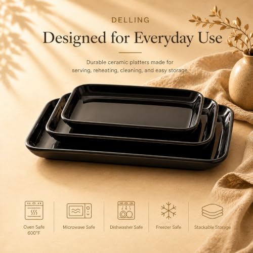 Large Serving Platter Set of 3 (Black / 16 x 9.5 inch, 14 x 8.1 inch, 12 x 7.1 inch)