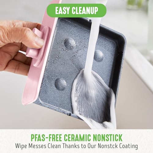 3-in-1 Breakfast Maker Station, Healthy Ceramic Nonstick Dual Griddles for Eggs Meat Sausage Bacon Pancakes and Breakfast Sandwiches, 2 Slice Toast Drawer, Easy-to-use Timer, Pink (Pink / 11" Breakfast Maker / Breakfast Maker)