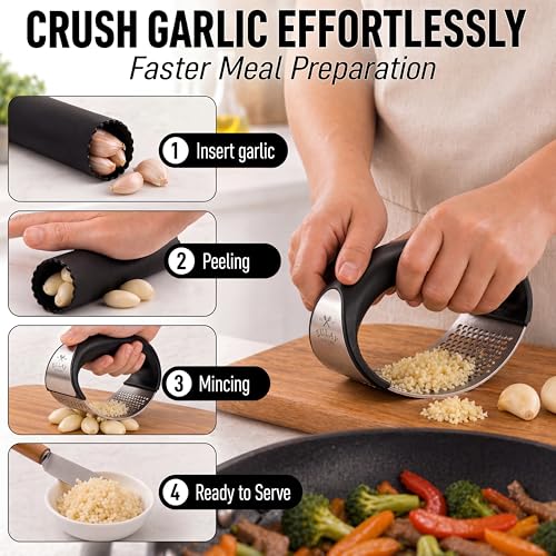 Stainless Steel Garlic Press Rocker Set (Black)