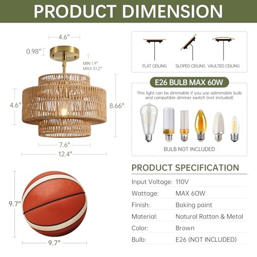 12.4" Rattan Pendant Light for Kitchen Island (Brown / 12.4" 1-Light)