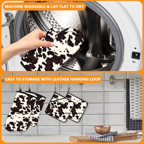 Black Cow Print Oven Mitts and Pot Holders Sets 4Pcs (Black Cowhide)
