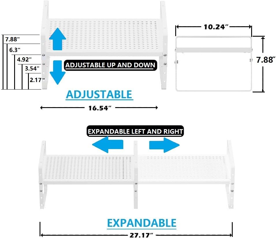 Expandable Shoe Rack Stackable Metal Pantry Storage Shelves Stand Adjustable Height Cabinet Shelf Organizer Racks Spice Shelving (White / 1PACK/WHITE/LARGE)