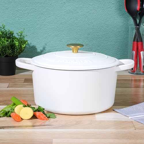 Artisan 7 Quart Round Dutch Oven (Matte Linen White w/ Gold Knob / 7-Quart)
