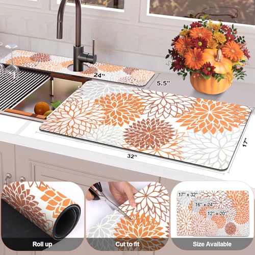 2Pcs Fall Dish Drying Mat & Sink Splash Guard (Orange / 17" X 32" + 24" X 5.5")