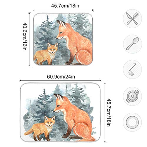 Super Absorbent Dish Drying Mat (Cute Fox Winter Christmas / 18" x 24")