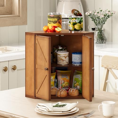Corner Bread Box for Kitchen Counter Double Layer Bamboo Bread Storage Container Large Capacity Bread Storage Bin Farmhouse Breadbox Organizer (Antique Brown)