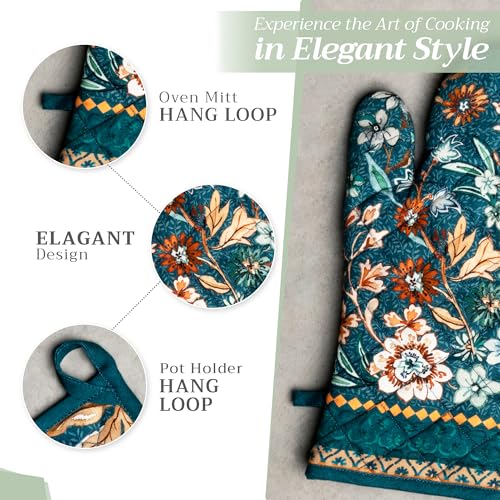 100% Cotton Oven Mitt & Pot Holder Set (048 - Luxury Loft - Dark Teal / 7.5" x 13" & 8" x 8" (Oven Mitt & Pot Holder))