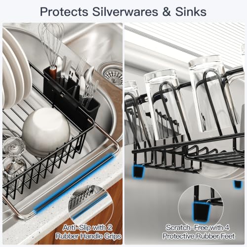 Expandable Dish Drying Rack Over Sink with Extra Drying Mat (Black / For 11.5"-16" W Sink with Cup Holder & Mat)
