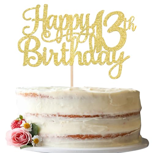 1 PCS Happy 13th Birthday Cake Topper Gold Glitter Cheers to 13 Years Birthday Cake Pick Official Teenager 13 Fabulous Cake Decoration for Happy 13th Birthday Theme Party Decorations Supplies (Gold / 13th)