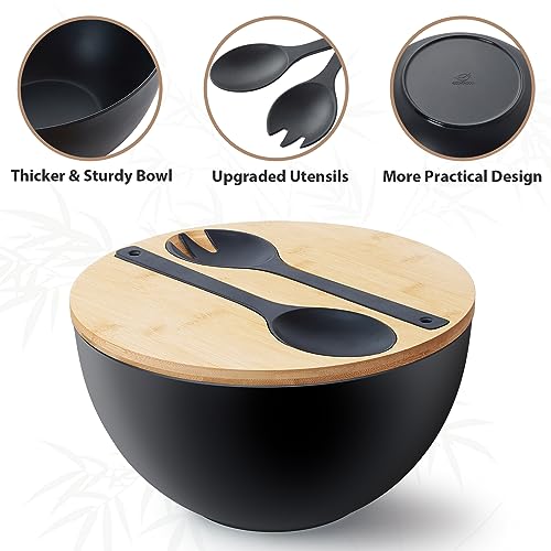 12.6" Extra Large Salad Serving Bowl Set with Wooden Lid&Utensils (12.6 inch / Matte Black)