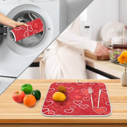 Red Hearts Cute Dish Drying Mat for Kitchen Counter Absorbent Microfiber Small Drying Pad Dish Mats for Kitchen Countertops 16 x 18 Inch (18" x 16")