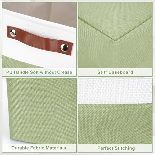 Storage Bins Large Fabric Storage Baskets for Shelves 3 Pack (Green / Off-White / Large -15"x11"x9.5")