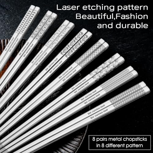 8 Pairs Metal Chopsticks Reusable 18 (Silver 304 stainless steel)