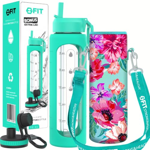 32 oz Glass Water Bottle with Time Marker (Seafoam, Floral Carrier)