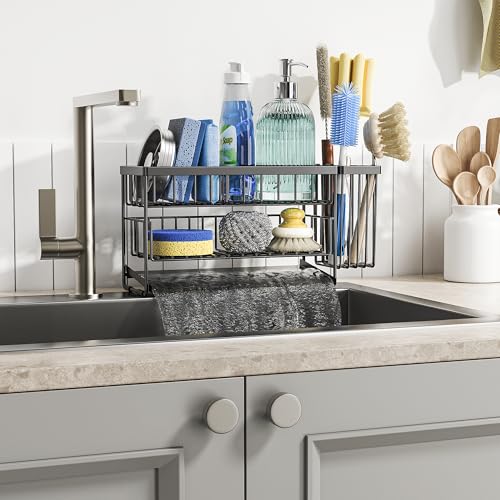 2 Tier Kitchen Sink Caddy Organzier Rack with Dish Brush Sponge Holder (Black / Medium)