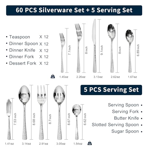 65 Pcs 18 10 Steel Silverware Set with Serving Utensils (65-Piece / Silver)