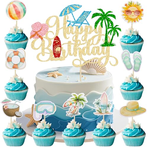 37Pcs Summer Beach Pool Cupcake Toppers Glitter Beach Happy Birthday Cake Topper Ball Sun Umbrella Water Gun Cupcake Picks for Tropical Hawaii Theme Birthday Party Decorations Supplies Gold (Gold 3)