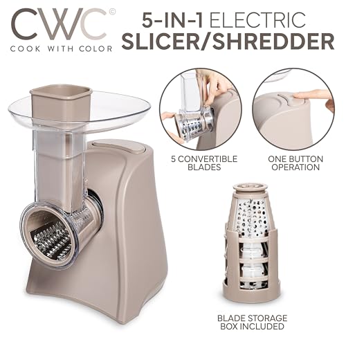 5-in-1 Electric Slicer, 150W Food Prep Machine – Parmesan Shredder, Fine & Coarse Graters, Potato Grater, Vegetable Slicer, Compact Design for Bowl Prep, Warm Grey (Warm Grey)