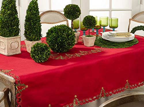 Pandoro Collection Holiday Embroidered Christmas Tree Cutwork Border 67 x 67 Inch Tablecloth (Red / 67" x 67" (Square))