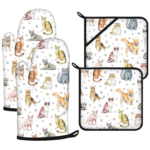 Cute Cats Oven Mitts and Pot Holders Sets 4Pcs (Cute Cats)
