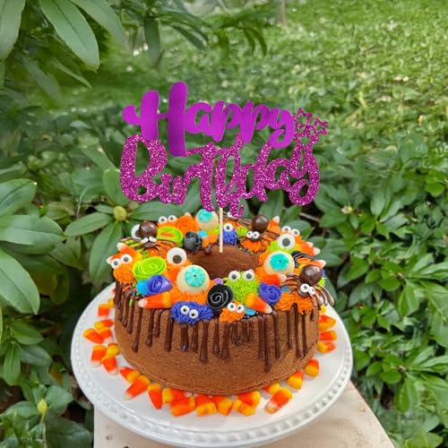 1Pcs Happy Birthday Cake Topper Glitter Happy Birthday Cake Pick Decorations for Celebrating Baby Shower Theme Kids Boys Girls Anniversary Party Decorations Supplies Purple (Style 2 / Purple)