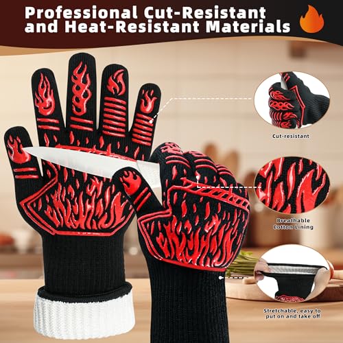 BBQ Gloves 1472F Heat Resistant Anti Slip Long with 2 Hooks (2 Count)