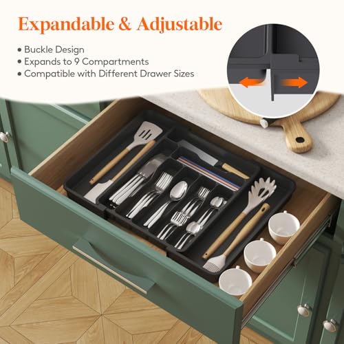 Expandable Silverware Drawer Organizer (Black / Large Deep（11.8-19.6'W x 15''D）)