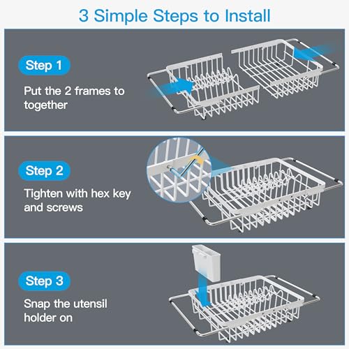 White Dish Drying Rack Over the Sink with Utensil Holder (White / For 12.5"-30"w Sink, Expandable)