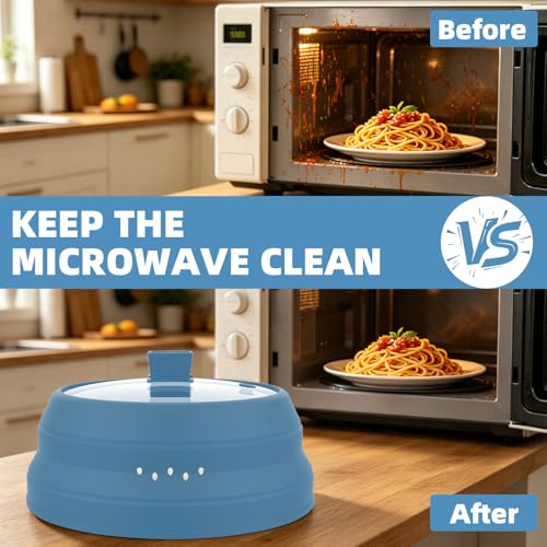 Tall Microwave Splatter Cover Glass Cover Guard Lid 6 inch Height with Collapsible Silicone for Food Pot Plate 12.5 inch Blue (Blue / Taller style 12.5 inch)