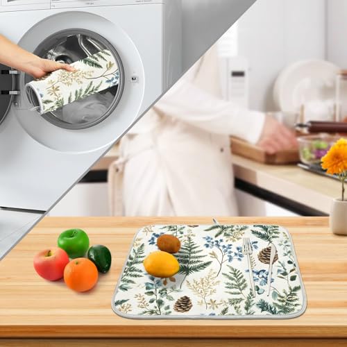 Vintage Herbs Fern Leaves Floral Plant02 Dish Drying Mat for Kitchen Counter Absorbent Microfiber Small Drying Pad Dish Mats for Kitchen Countertops 16 x 18 Inch (18" x 16")