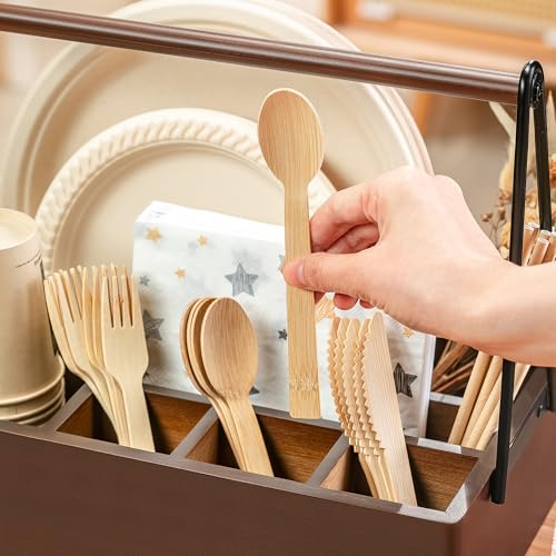 Silverware Caddy with Handle Acacia Wood Utensil Holder Paper Plate Holder (Acacia Wood)