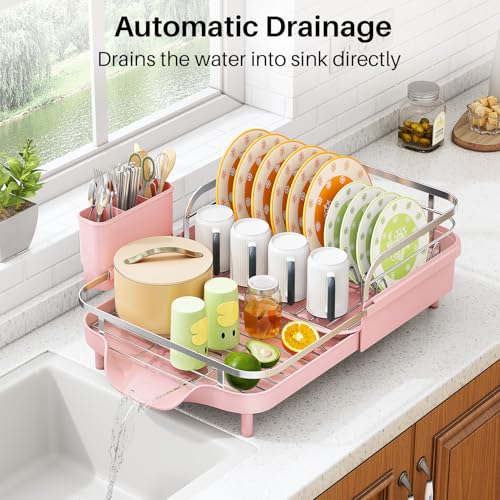 Expandable Dish Drying Rack for Small Kitchen Counter (Pink)