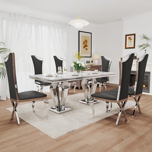 7 Piece Luxury Dining Room Set (Silver White + Black / Dining Table + 6 High Back Chairs)