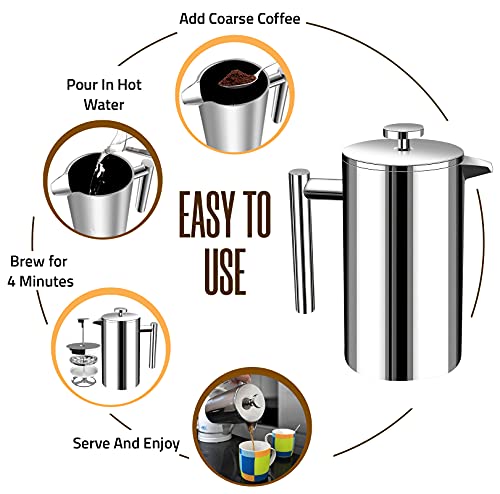 304 Grade Stainless Steel French Press 34 Oz (Silver / 34 Ounce)