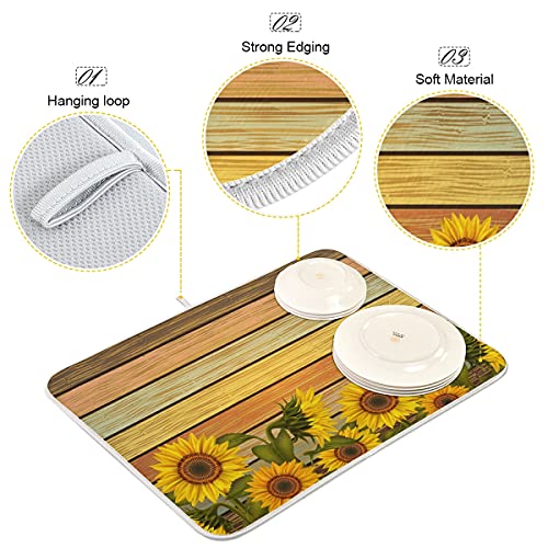 Super Absorbent Dish Drying Mat (Sunflower On Wooden Board Vintage / 18" x 24")