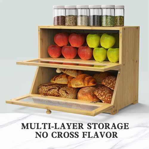 Bread Box for Kitchen Countertop (Bamboo Color / 2‑tier)