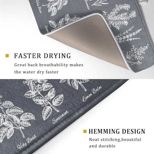 Flower Herbs Dish Drying Mat Wild Plant Dish Rack Mat with Hanging Loop Fast Dry Dish Drainer Pad for Kitchen Counter Sink 18x24 Inch (gray plant collection / 18" x 24")