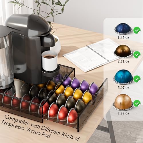 Acrylic Coffee Pod Organizer for Nespresso Vertuo Pod Holder 40 Pods Clear Vertuo Pod Storage Drawer (Transparent Black)