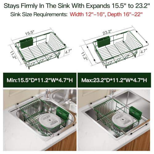 Green Expandable Dish Drying Rack Over Sink with Extra Drainboard (Green / For 11.5"-16" W Sink with Cup Holder & Drainboard)