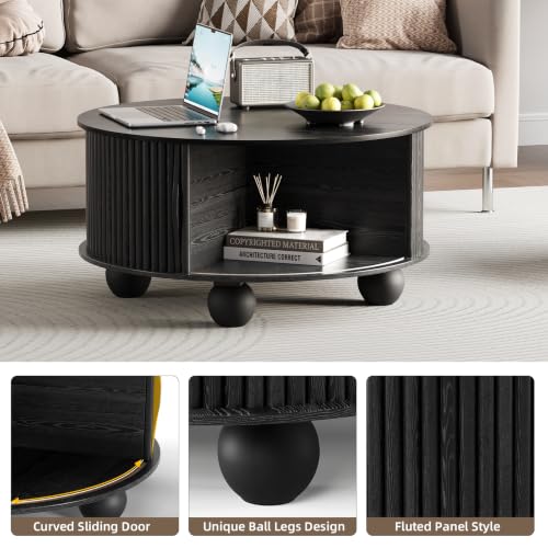 Round Coffee Table with Storage for Living Room (Black)