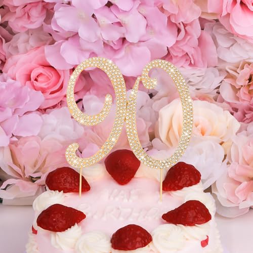 Gold 90th Birthday Cake Topper Rhinestones Cake Decorations for 90th Birthday Party (90th- Gold)